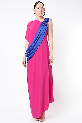 Fuchsia Moss Crepe One-Shoulder Draped Dress by NA-KA