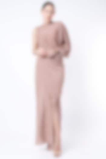 Nude Printed Asymmetrical Draped Cowl Dress by NA-KA