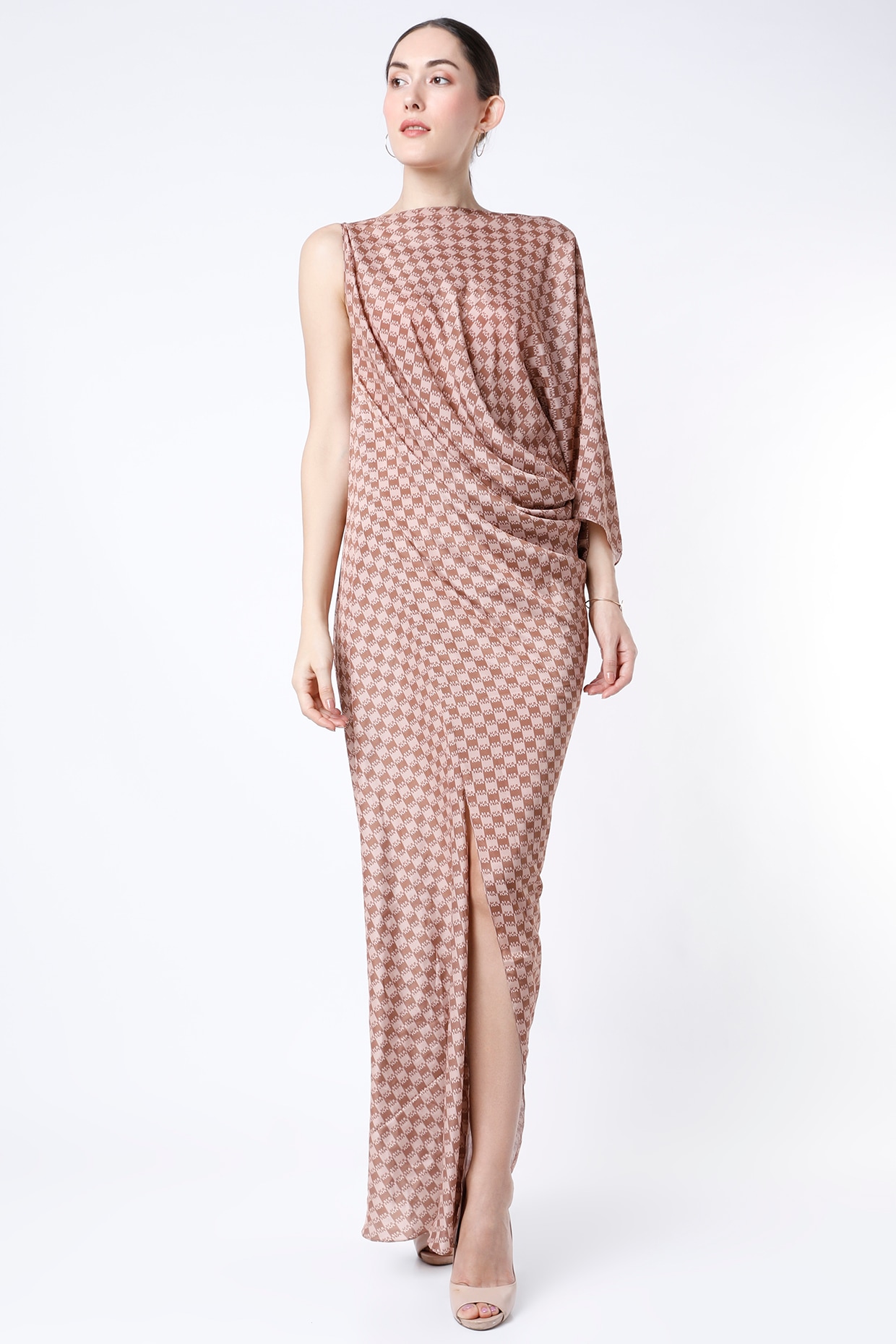 Nude Printed Asymmetrical Draped Cowl Dress Design by NA-KA at