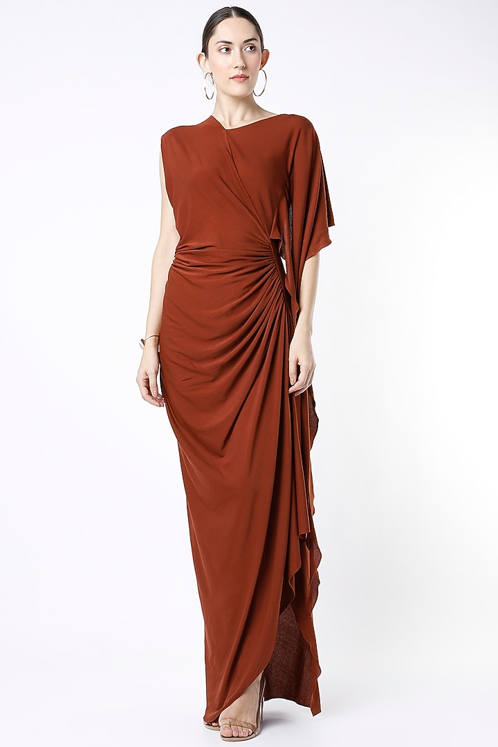 Maroon Moss Crepe Draped Gown by NA-KA at Pernia's Pop Up Shop