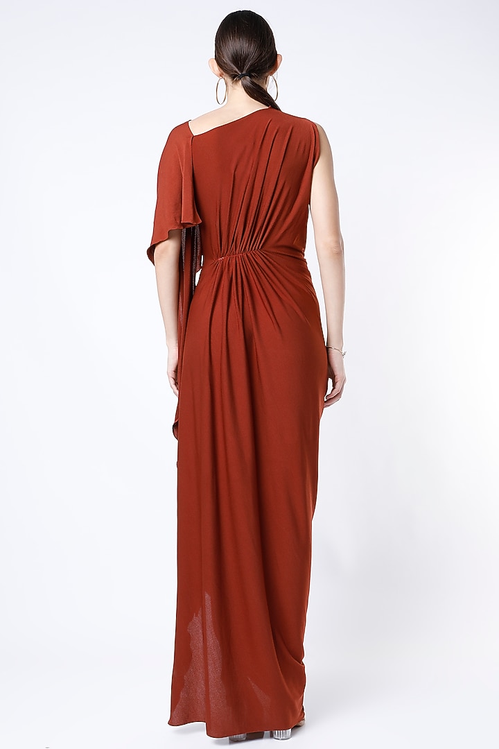 Maroon Moss Crepe Draped Gown by NA-KA at Pernia's Pop Up Shop