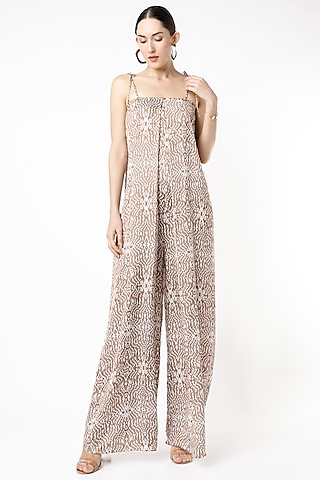 Nude & White Printed Off-Shoulder Jumpsuit by NA-KA