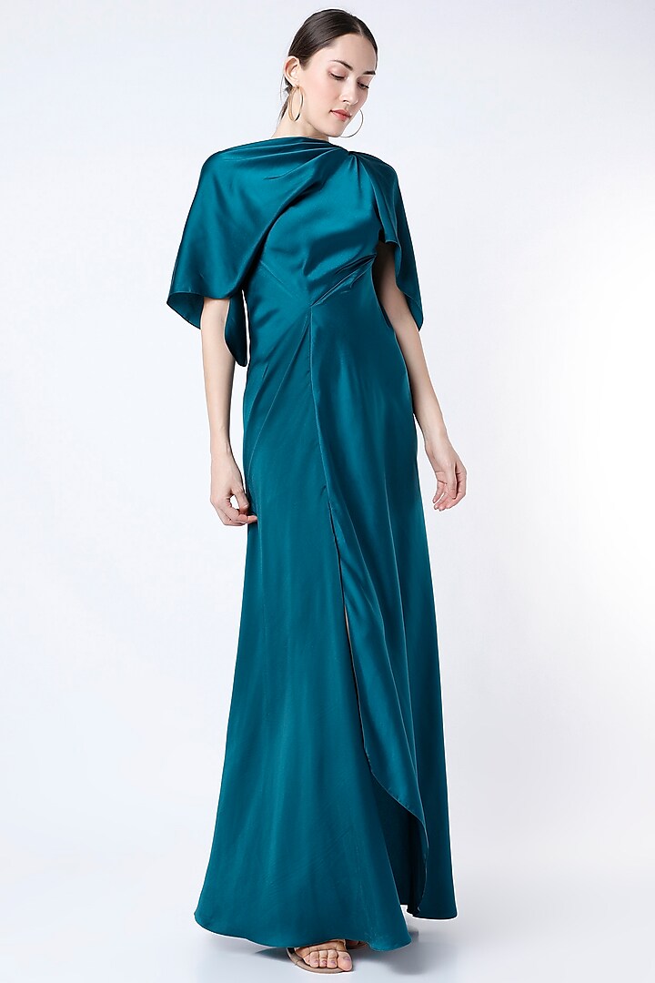 Aster Blue Moss Satin Draped Gown by NA-KA