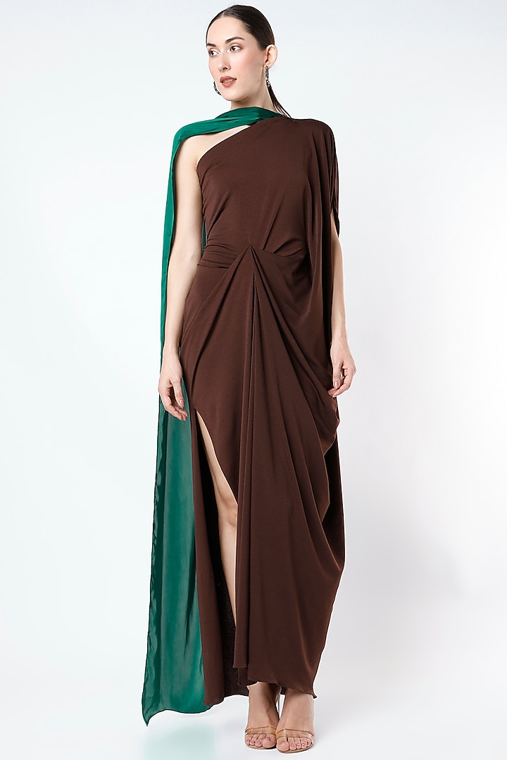 Brown Moss Crepe Draped Gown by NA-KA at Pernia's Pop Up Shop