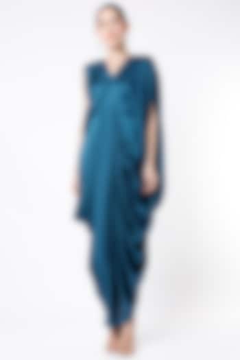Teal Blue Satin Silk Draped Kaftan Gown by NA-KA