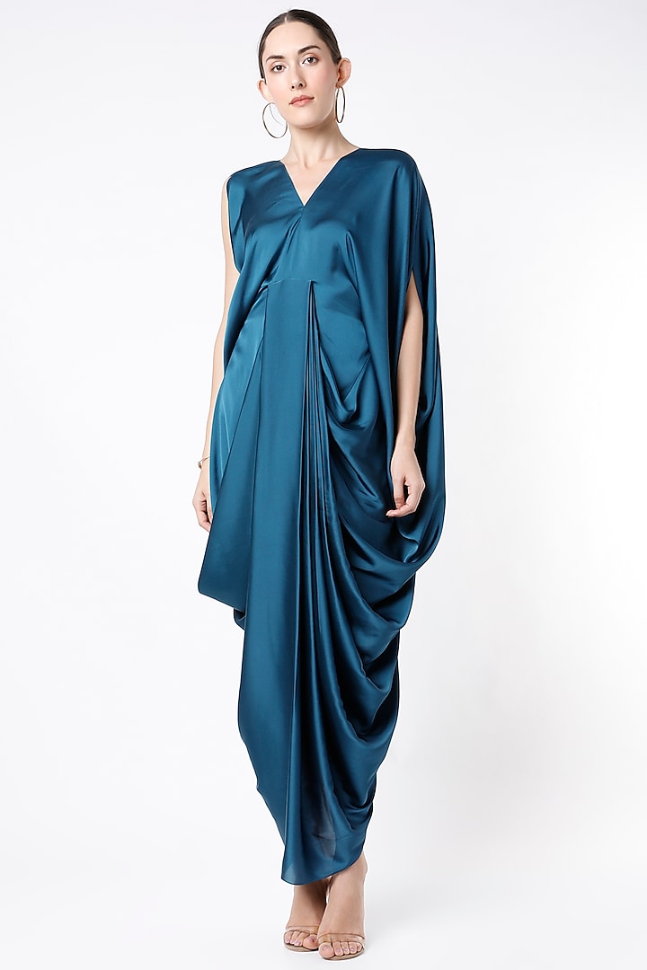 Teal Blue Satin Silk Draped Kaftan Gown Design by NA-KA at Pernia's Pop ...
