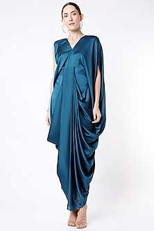 Teal Blue Satin Silk Draped Kaftan Gown Design by NA-KA at Pernia's Pop ...