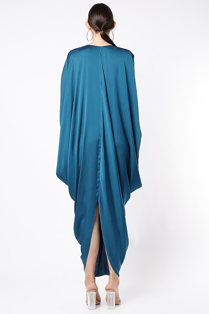 Teal Blue Satin Silk Draped Kaftan Gown by NA-KA at Pernia's Pop Up Shop