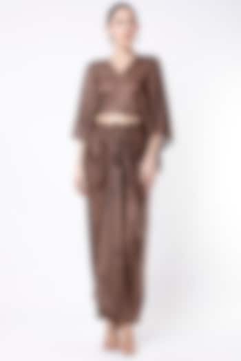 Black & Brown Digital Printed Draped Skirt Set by NA-KA