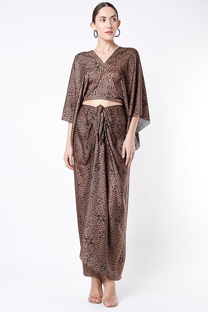 Black & Brown Digital Printed Draped Skirt Set by NA-KA at Pernia's Pop Up Shop