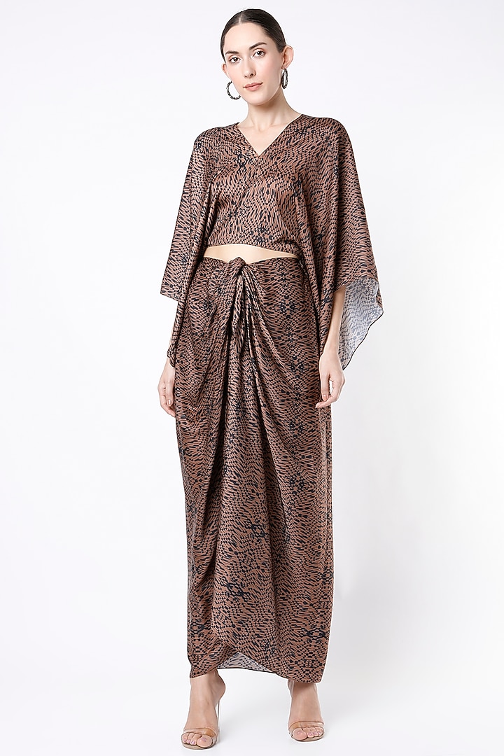 Black & Brown Digital Printed Draped Skirt Set by NA-KA at Pernia's Pop Up Shop