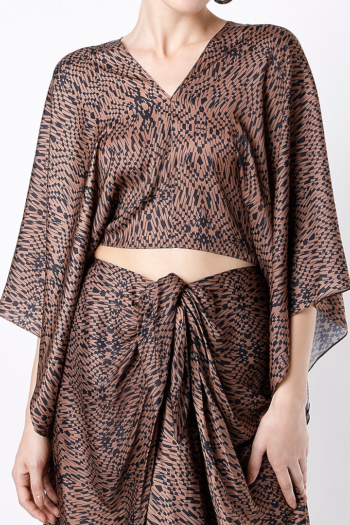 Black & Brown Digital Printed Draped Skirt Set by NA-KA at Pernia's Pop Up Shop