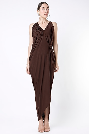 Brown Moss Crepe Draped Summer Dress by NA-KA at Pernia's Pop Up Shop