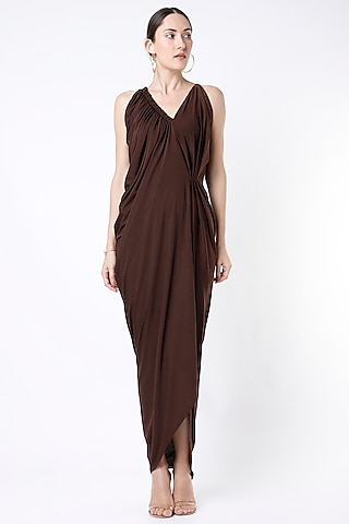 Brown Moss Crepe Draped Dress by NA-KA