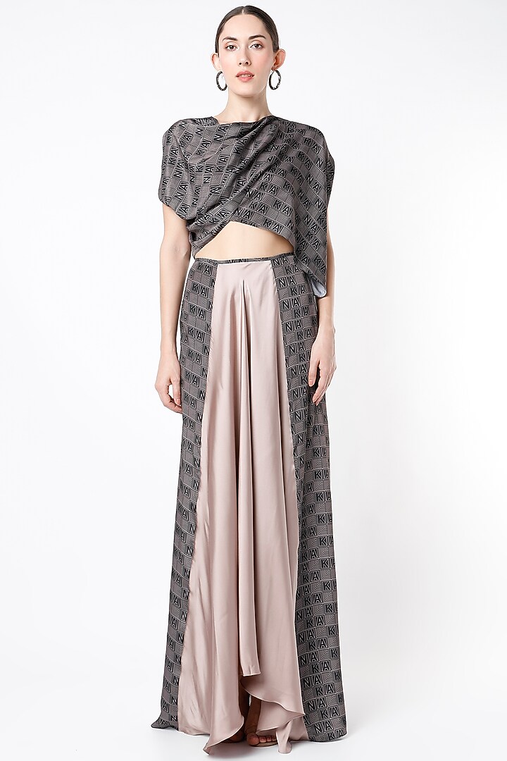 Black & Nude Digital Printed Flared Skirt Set by NA-KA at Pernia's Pop Up Shop