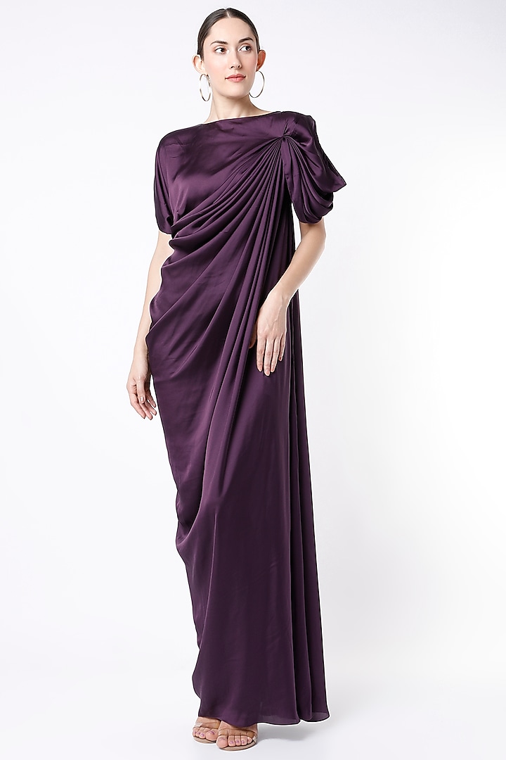 Dark Purple Satin Silk Draped Gown by NA-KA