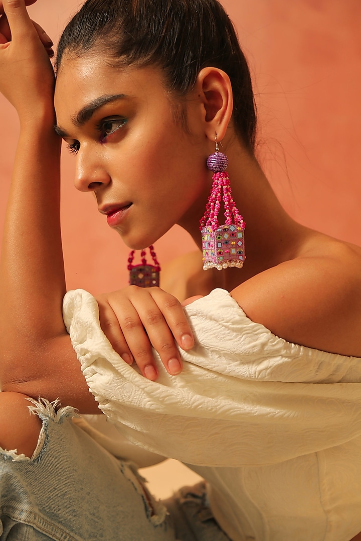 Pink & Lilac Thread Embroidered Dangler Earrings by NakhreWaali