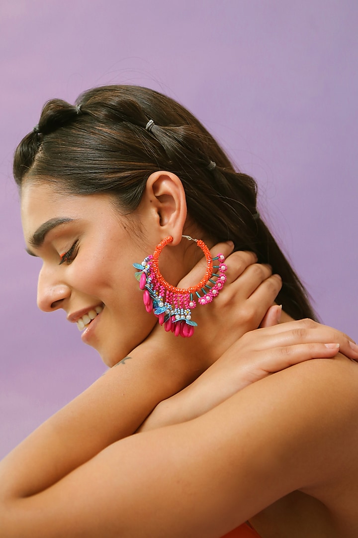 Multi-Colored Glass Beaded Asymmetric Hoop Earrings by NakhreWaali