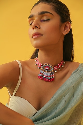Multi-Colored Embroidered Evil Eye Choker Necklace by NakhreWaali