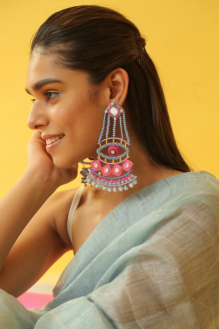 Multi-Colored Kodi Shell Embroidered Dangler Earrings by NakhreWaali