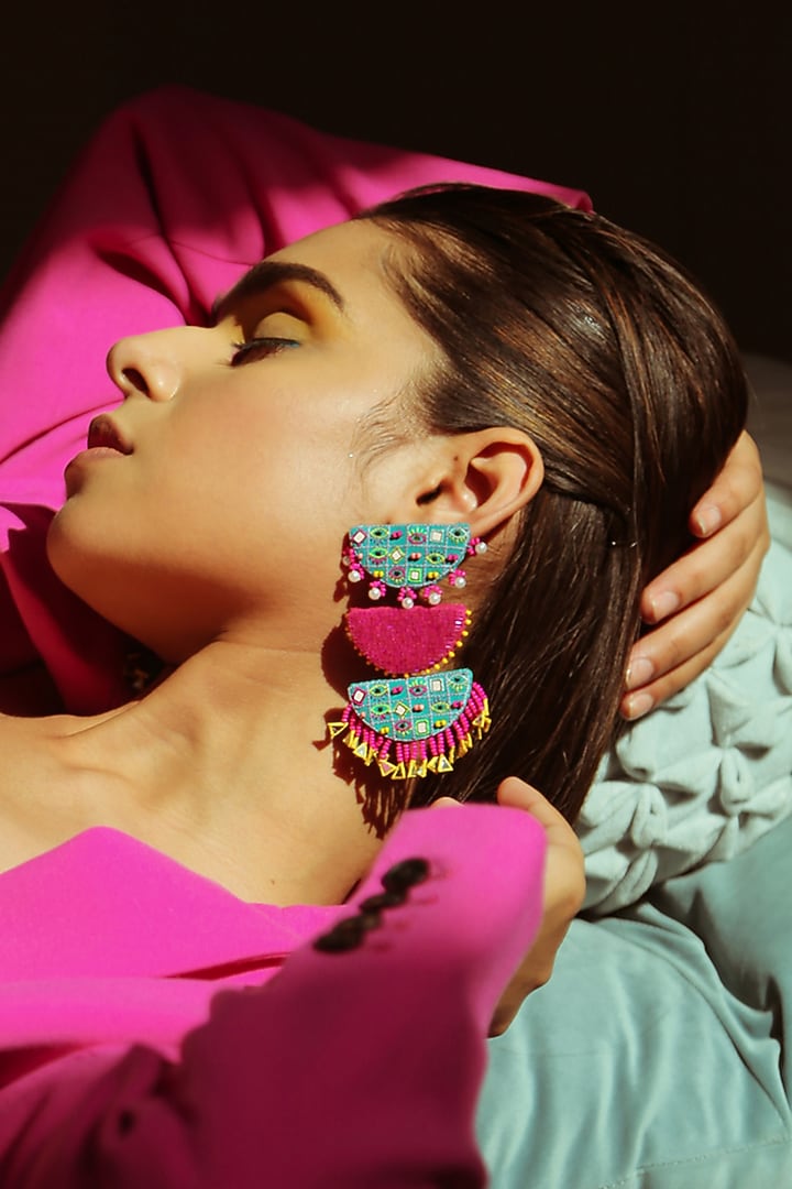 Pink & Teal Beaded Dangler Earrings by NakhreWaali at Pernia's Pop Up Shop