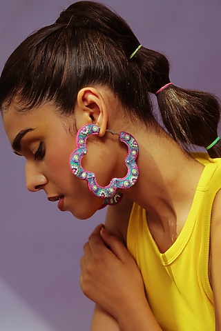 Turquoise Bead Embroidered Floral Hoop Earrings by NakhreWaali