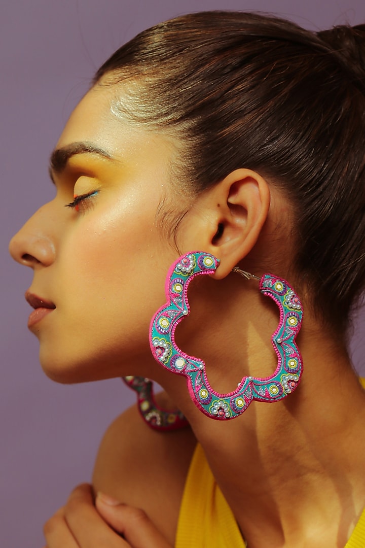 Turquoise Bead Embroidered Floral Hoop Earrings by NakhreWaali at Pernia's Pop Up Shop