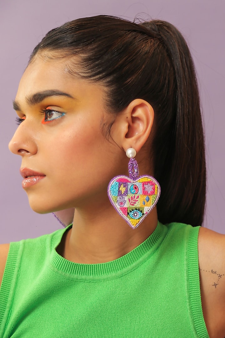 Multi-Colored Hand Embroidered Heart Dangler Earrings by NakhreWaali