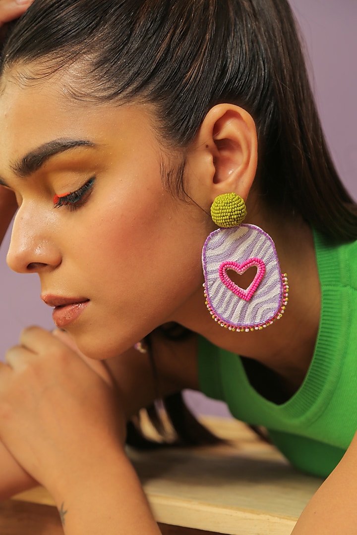 Multi-Colored Embroidered Heart Dangler Earrings by NakhreWaali