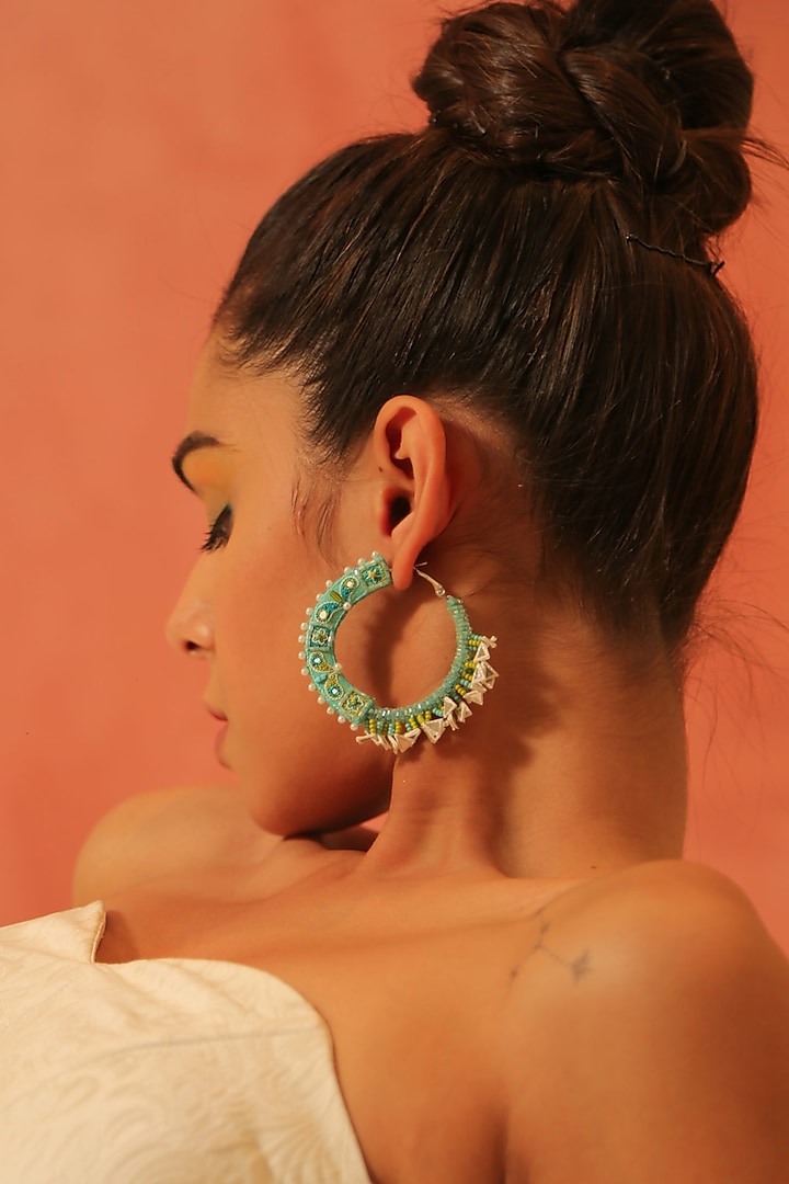 Blue Embroidered Half Hoop Earrings by NakhreWaali