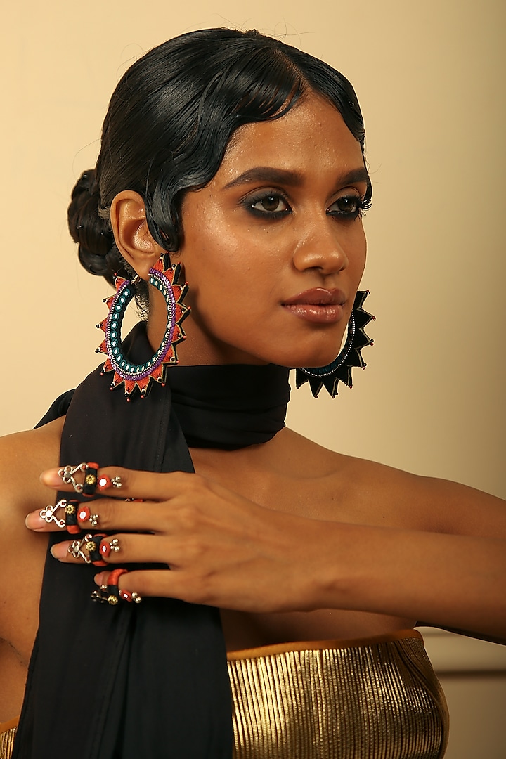 Multi-Colored Hand Embroidered Big Sun Hoop Earrings by NakhreWaali
