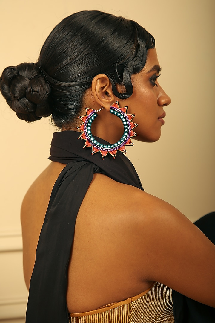 Multi-Colored Hand Embroidered Big Sun Hoop Earrings by NakhreWaali at Pernia's Pop Up Shop
