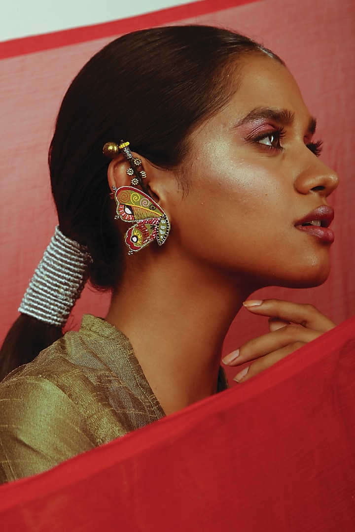 Multi-Colored Hand Embroidered Moth Earcuffs by NakhreWaali