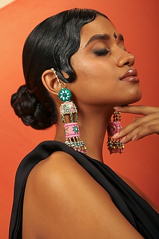 Pink & Emerald Hand Embroidered Jhumka Earrings by NakhreWaali