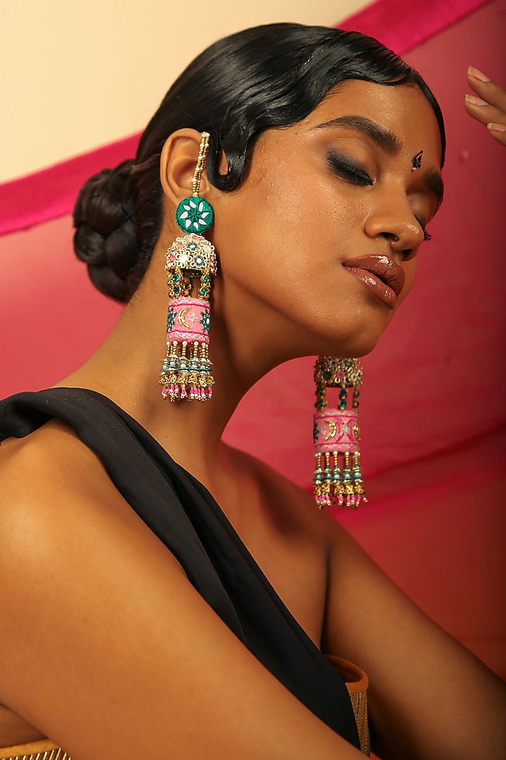 Pink & Emerald Hand Embroidered Jhumka Earrings by NakhreWaali at Pernia's Pop Up Shop