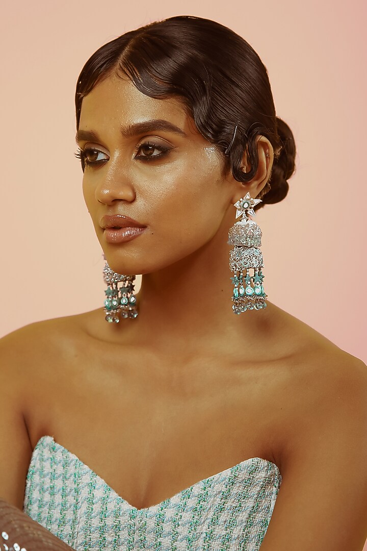 Silver & Aqua Hand Embroidered Jhumka Earrings by NakhreWaali at Pernia's Pop Up Shop