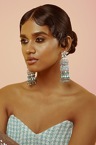 Silver & Aqua Hand Embroidered Jhumka Earrings by NakhreWaali