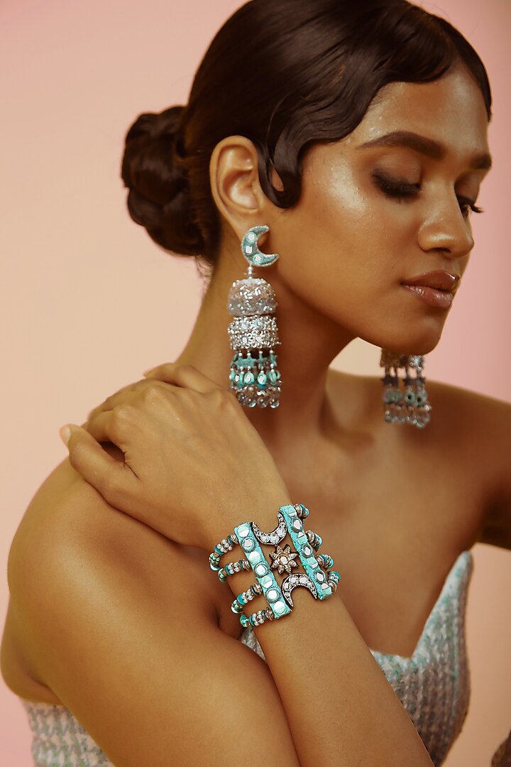 Silver & Aqua Hand Embroidered Jhumka Earrings by NakhreWaali at Pernia's Pop Up Shop
