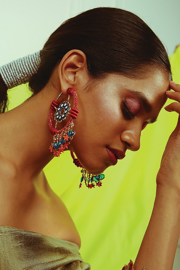 Multi-Colored Hand Embroidered Hoop Earrings by NakhreWaali