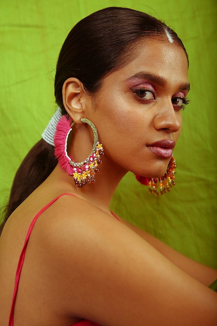 Multi-Colored Hand Embroidered Tasseled Hoop Earrings by NakhreWaali