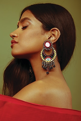 Multi-Colored Hand Embroidered Tasseled Chandbali Earrings by NakhreWaali