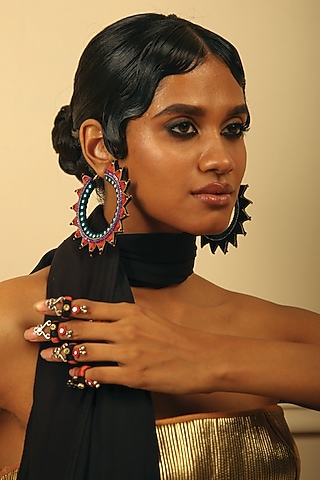 Black & Rust Hand Embroidered Tip Rings (Set of 5) by NakhreWaali