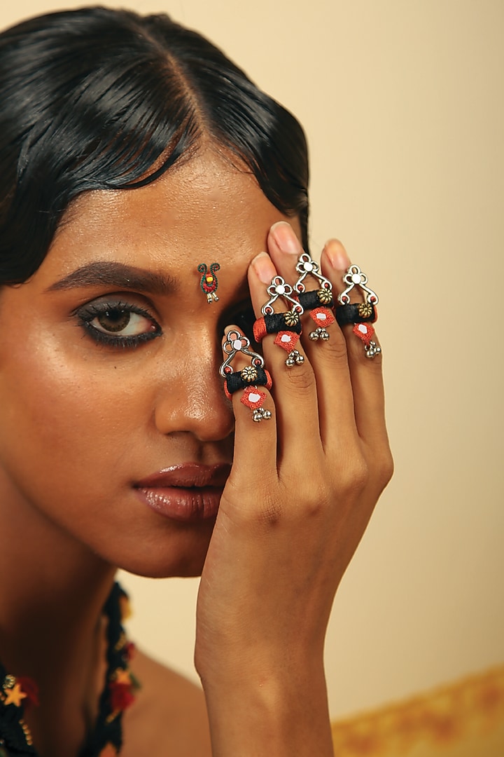 Black & Rust Hand Embroidered Tip Rings (Set of 5) by NakhreWaali at Pernia's Pop Up Shop