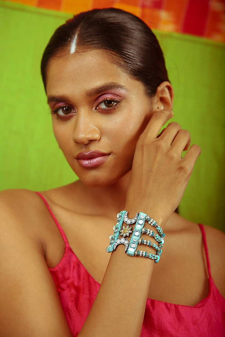 Blue & Silver Hand Embroidered Handcuff by NakhreWaali at Pernia's Pop Up Shop