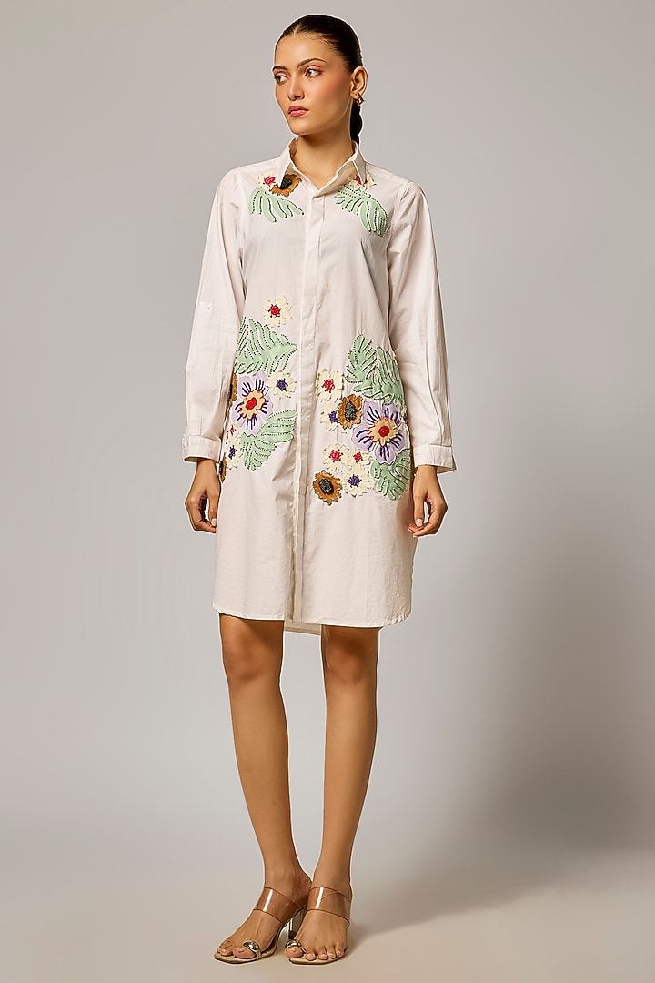 White Cotton Poplin Applique Work Vacation Shirt Dress by Nakateki at Pernia's Pop Up Shop