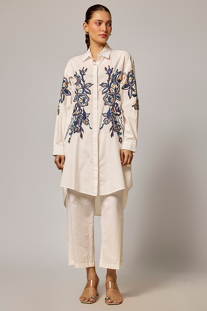 White Cotton Poplin Machine Embroidered Co-Ord Set by Nakateki at Pernia's Pop Up Shop