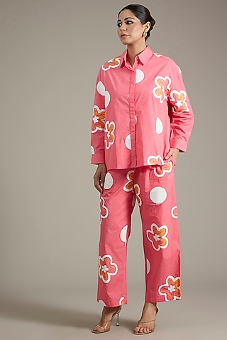 Pink Cotton Poplin Abstract Printed Co-Ord Set by Nakateki