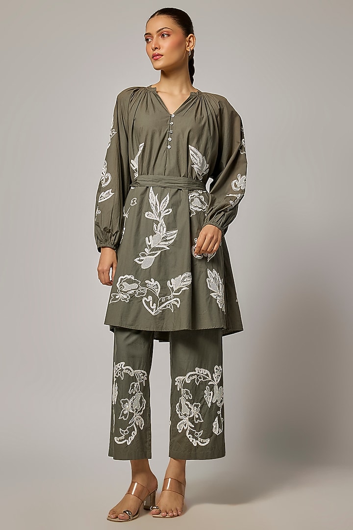 Green Cotton Poplin Machine Embroidered Co-Ord Set by Nakateki at Pernia's Pop Up Shop