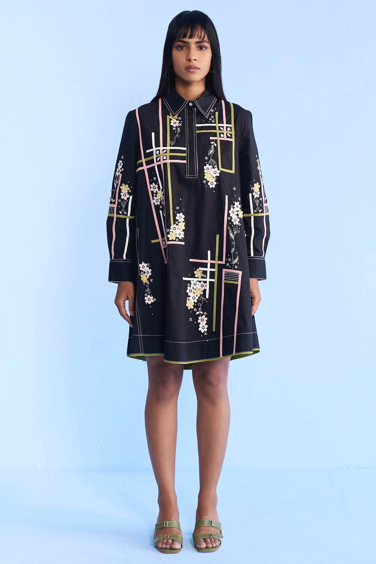 Nakateki Black Cotton Flared Shirt Dress