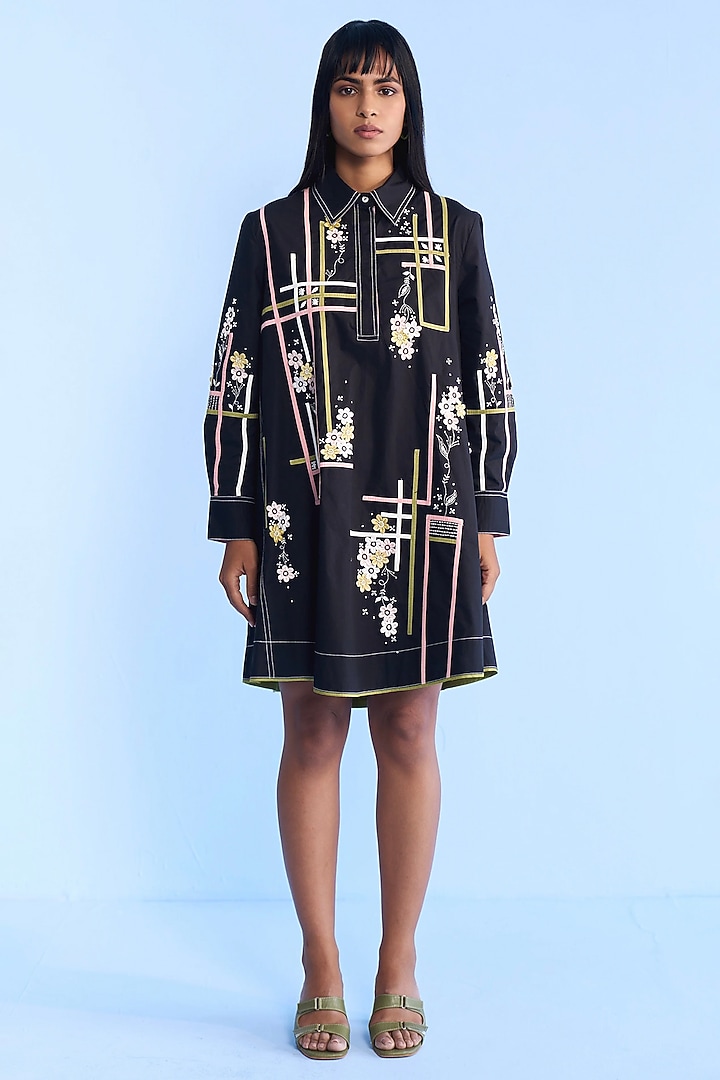 Black Cotton Flared Shirt Vacation Dress by Nakateki at Pernia's Pop Up Shop